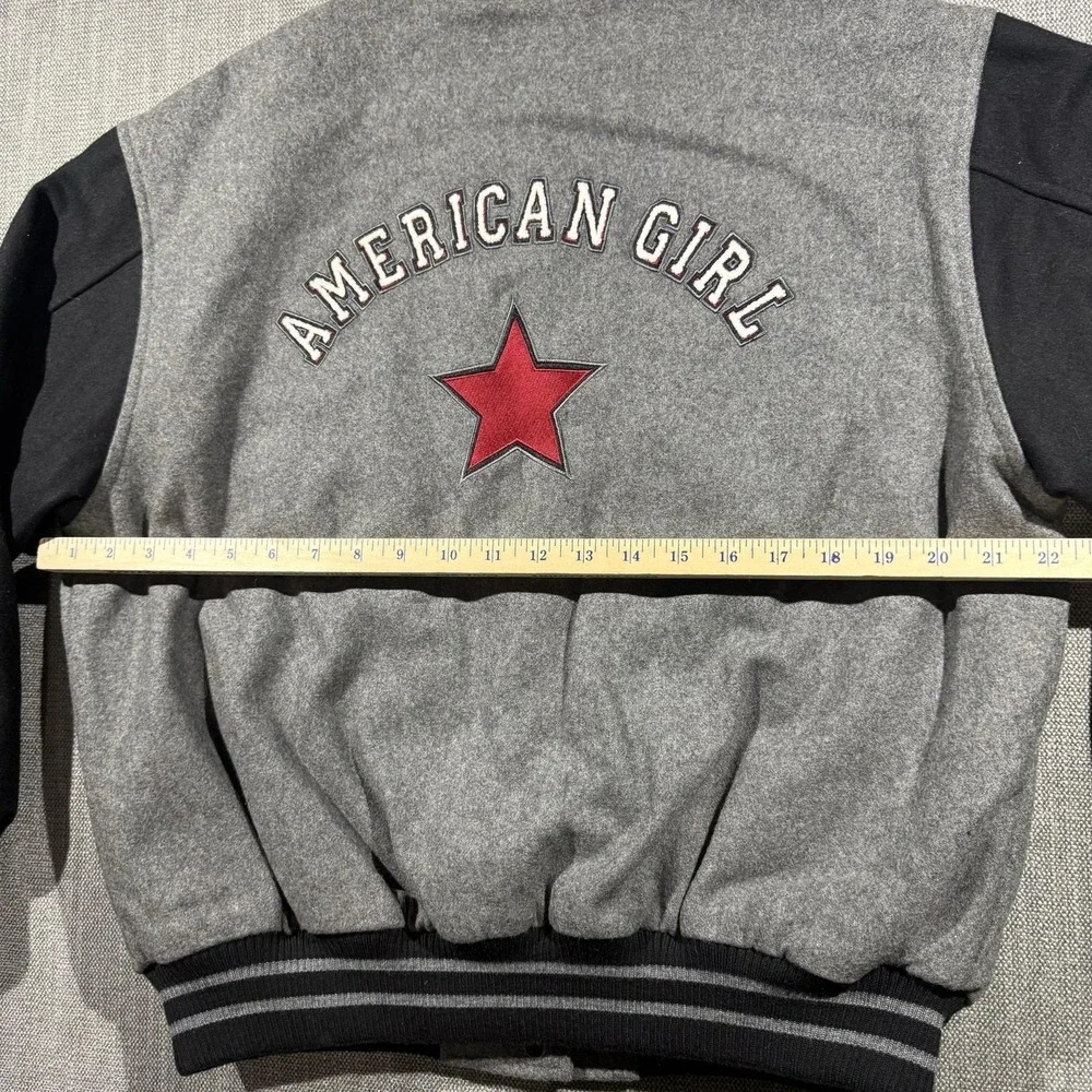 American‎ Girl Jacket Girls L Gray Black Varsity Letterman Snap Front Star Logo